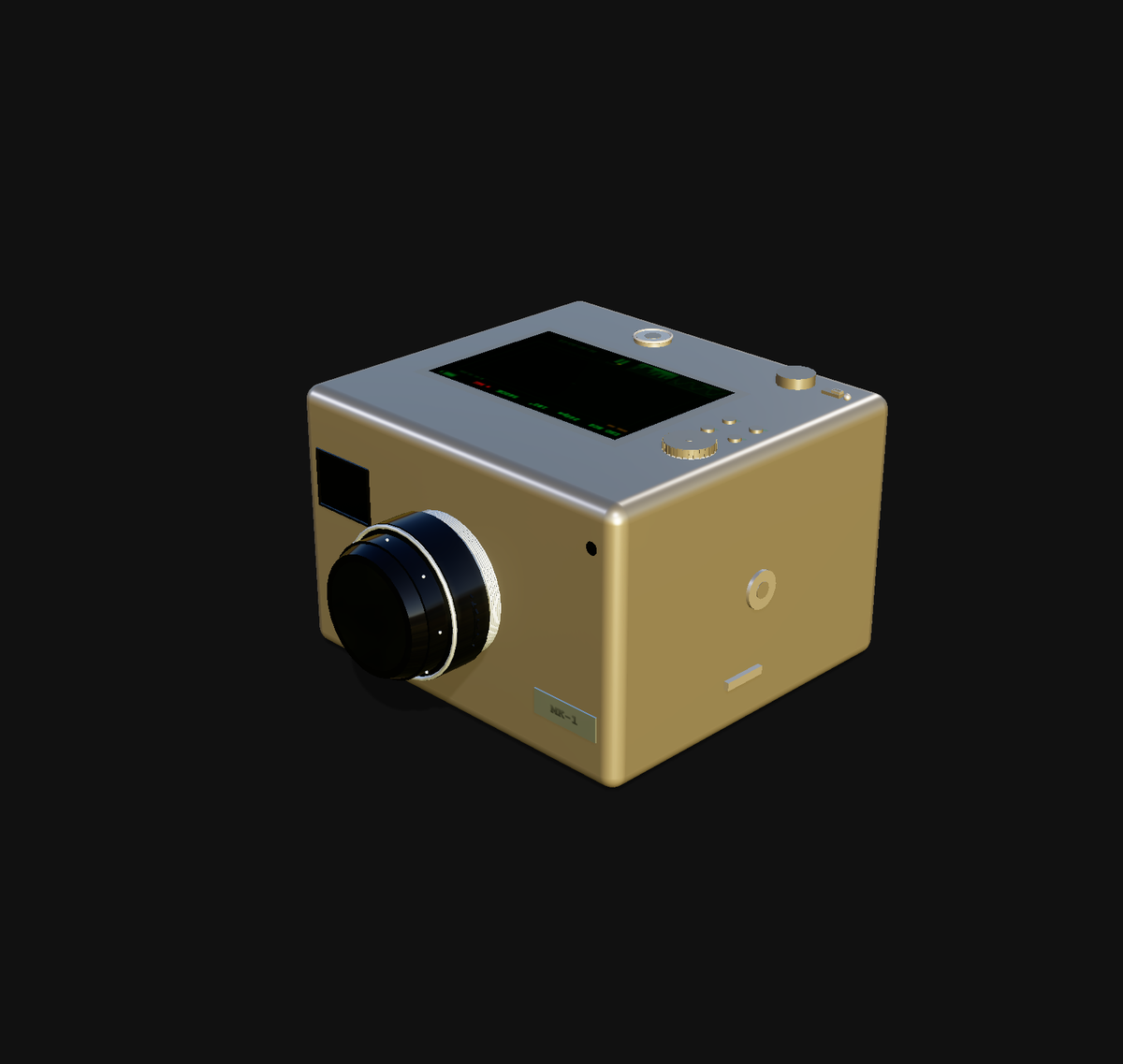 MK-1 cinema camera — silver body with lens, LCD display, MK-1 plate